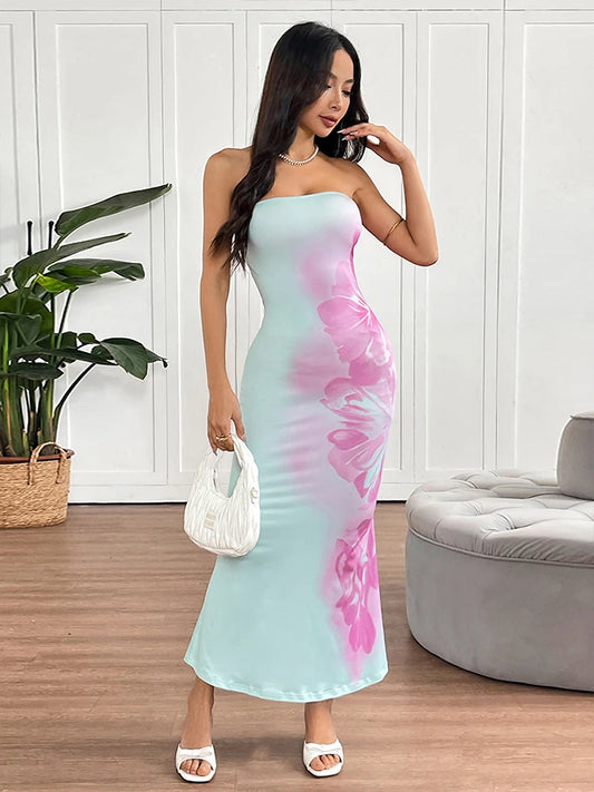 Vestidos de Verão Femininos Nova Moda Streetwear Impressão Casual Vestido Maxi Slim Sexy Elegante Feminino Costas Nua Sem Alças Roupas