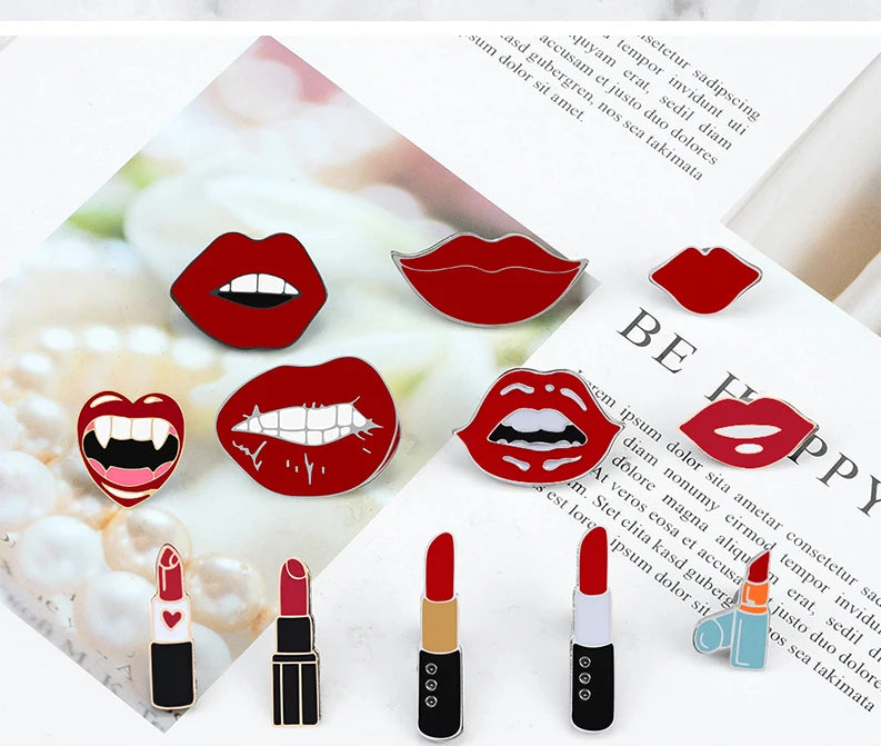 Meninas Sexy Lábios Vermelhos e Alfinetes de Esmalte de Batom, Charme Feminino, Broches de Metal, Pin de Lapela para Casaco, Chapéu, Bolsa, Pins Distintivos, Acessórios de Joias, Presente
