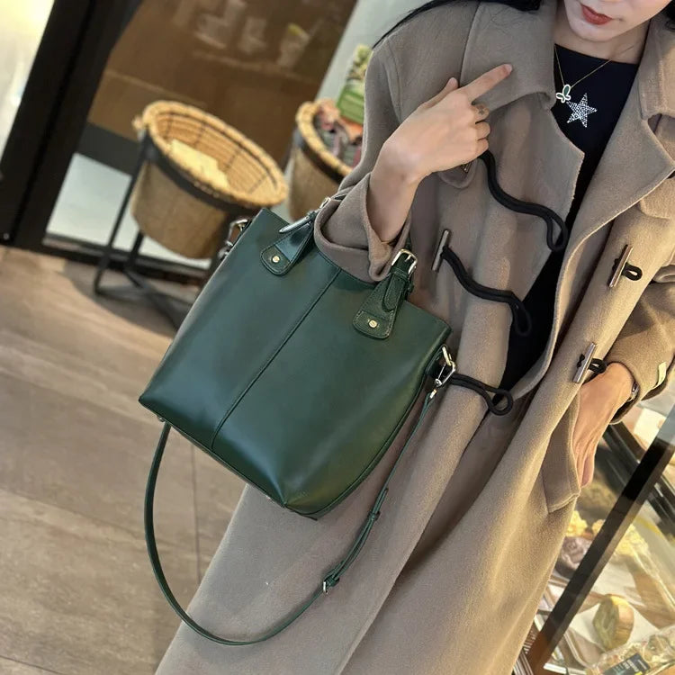 Genuine Leather Women's Tote Bag 2025 New Woman Shoulder Bags Fashion Cowhide Crossbody Bucket Bag Female Handbags 9258