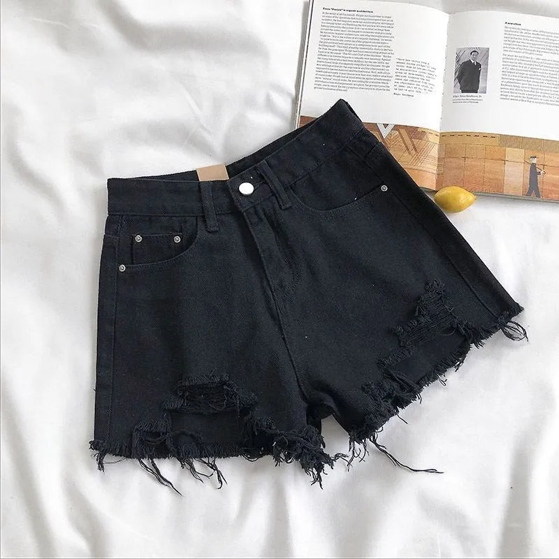 Shorts de Jeans Femininos em Denim Coreano Moda de Verão Casual Cintura Alta Jeans Rasgado com Bolso Tassel Y2K Hot Pants Streetwear Calças Azuis