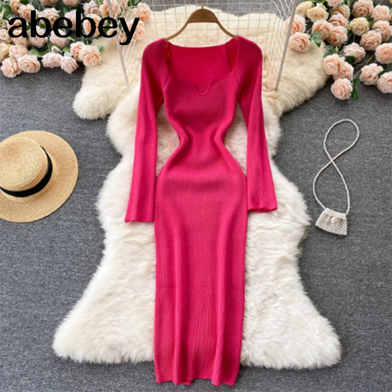 Vestidos para mulheres 2026 vestido justo sem alças em tricô canelado sexy, vestido de suéter midi de manga longa para o inverno