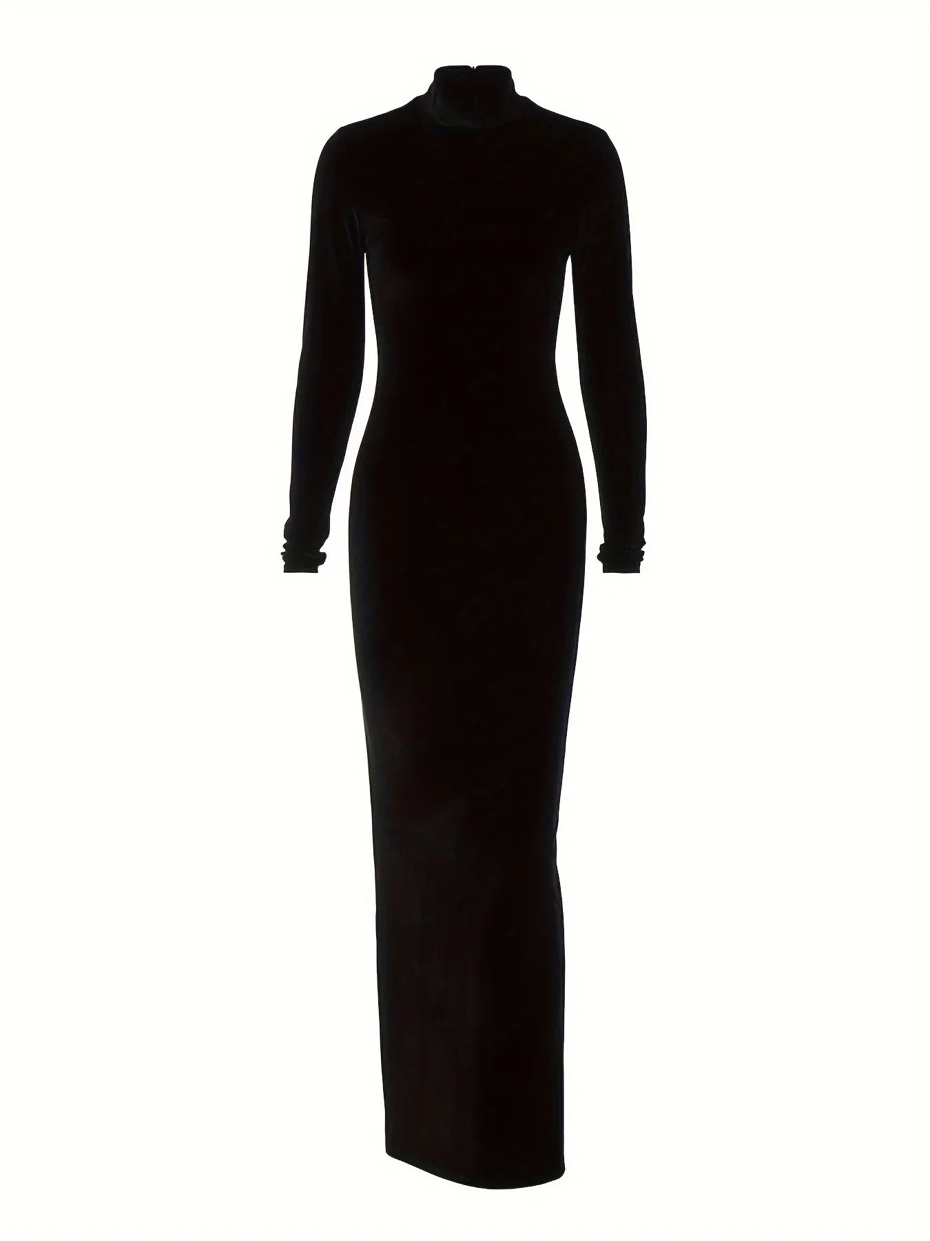 Vestido Preto Feminino de Manga Longa com Gola Alta Meia Sexy Justo de Veludo Tubinho Elegante para Festa à Noite