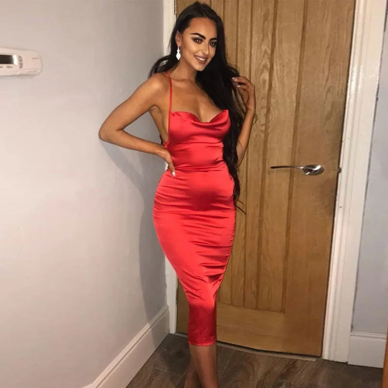 Vestido Midi Longo de Renda Cetim Neon Rosa Claro com Amarração nas Costas, Elegante, Sexy para Festas e Clubes, Roupas de Jantar de Verão 2022