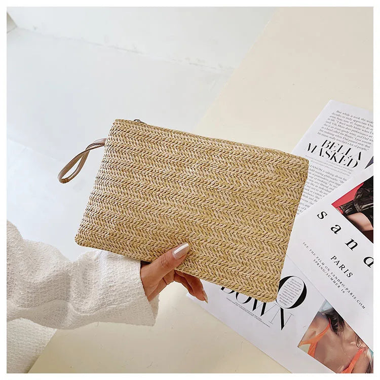 Weaving Bag Fashion Ladies Wristlet Clutch Women Daily Money Phone Clutch Solid Straw Woven Coin Purse Beach Wallet Card Holder