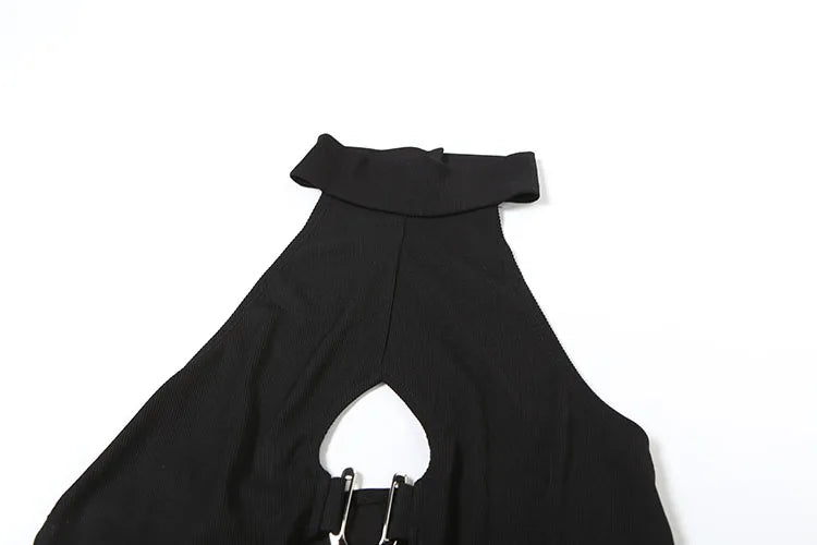 Tops de Anel em Metal em Formato de N com Decote nas Costas, Sem Mangas, Botões Halter Sexy e Charmoso para Mulheres - Roupas Midnight