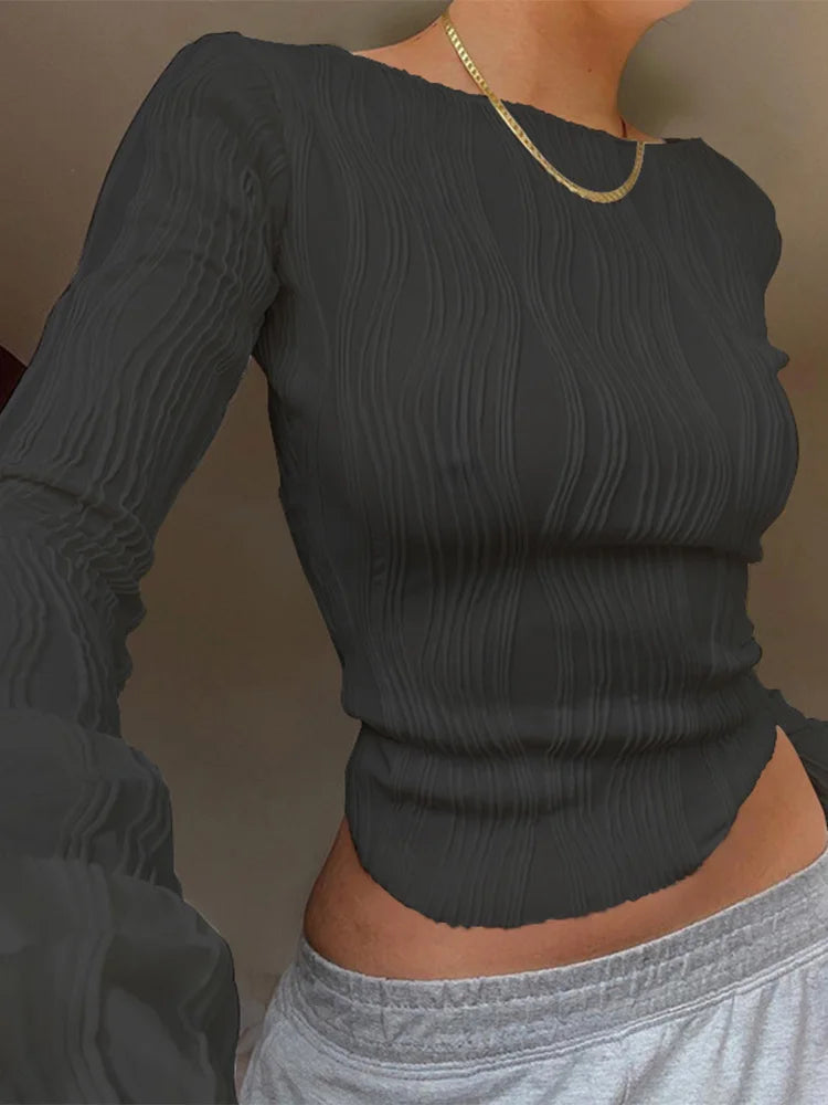 Blusa Casual Feminina em T-shirt de Manga Longa com Ruched, Branca, Justa, Cropped, Camisa de Base 2024 Outono Y2K Roupas