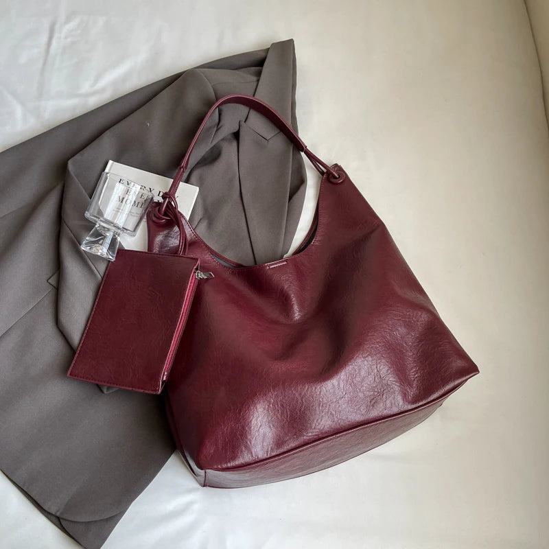 Burgundy 2-IN-1 Shoulder Tote Bags For Women Soft PU Leather Solid Color Large Capacity Shopping Hobo Bag With Coin Purse 2024