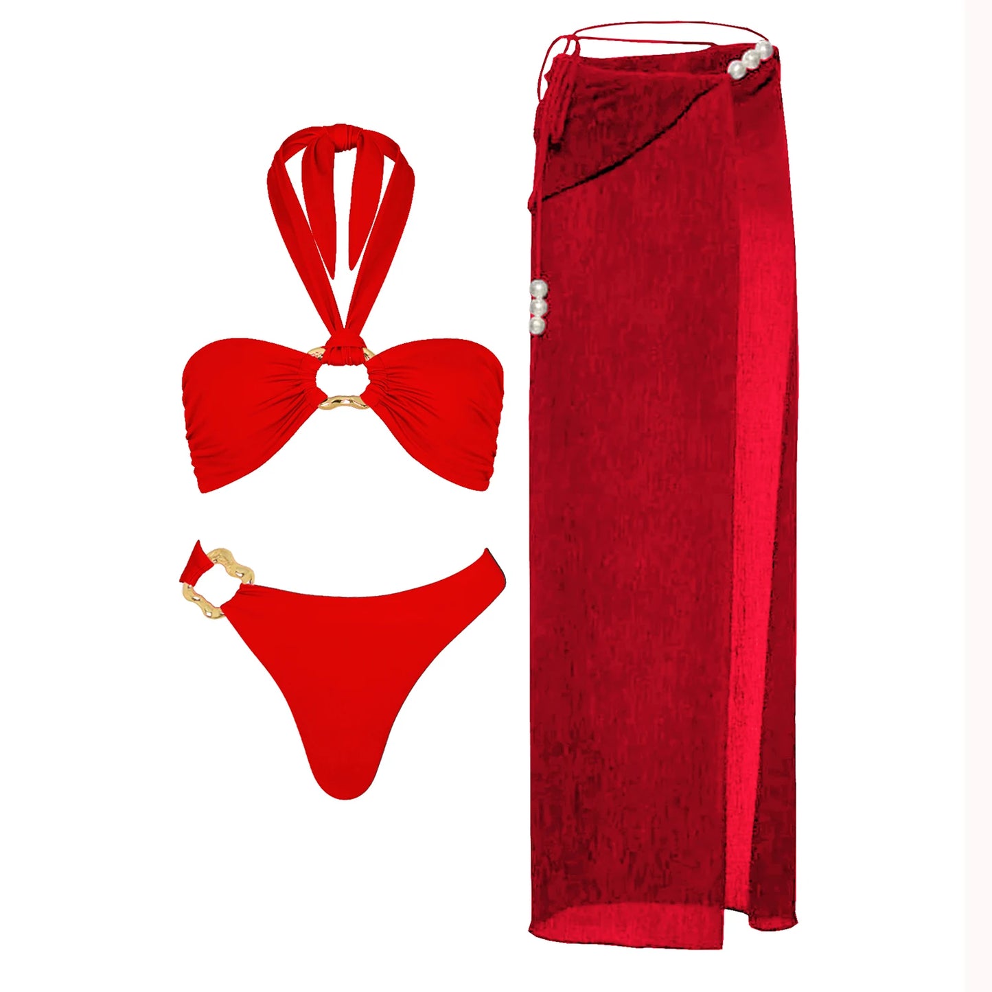 Conjunto de Biquíni Sexy com 3 Peças e Capa, Biquíni Branco com Pérolas, Maiô Feminino Halter, Roupa de Banho com Ombros Descidos, Biquíni para Praia