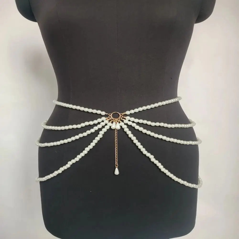 Cintura de Pérolas Multicamadas Y2K para Moda Feminina, Acessórios de Corpo com Personagem Retro para Festas, Cintos de Acessórios