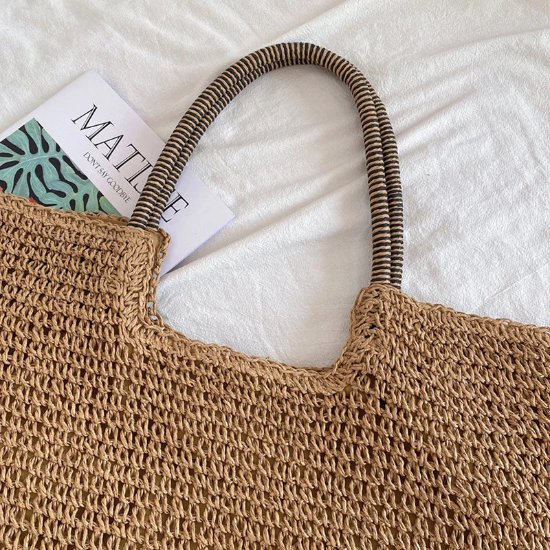 Women Beach Vintage Handmade Woven Shoulder Bag Raffia Rattan Shopping Bags Bohemian Ladies Summer Travel Vacation Casual Totes