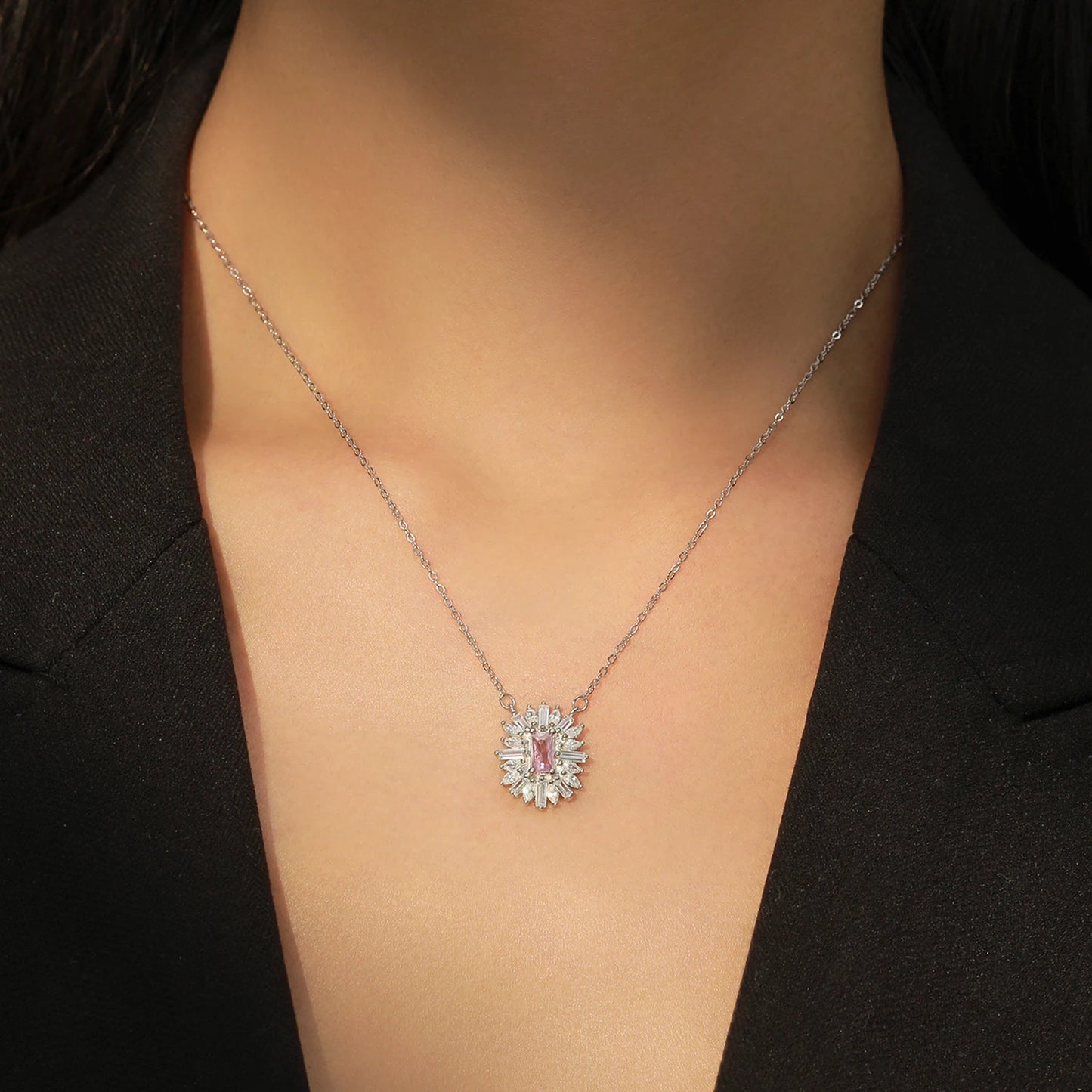 Conjunto de Jóias Românticas para Casamento Ailmay Luxuoso Colar e Brincos de Prata Esterlina 925 com Girassol Rosa Retangular para Mulheres