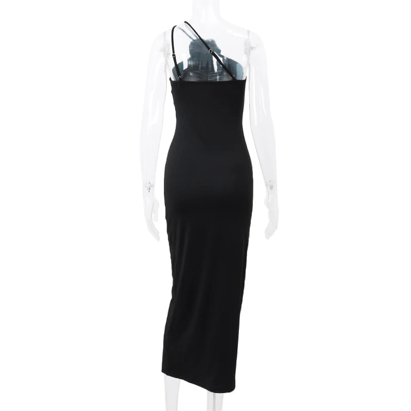 OndeMery Mulheres Elegantes Vestido Sólido Sem Mangas Slim Estético Alça Obliqua Costas Nuas Vestidos de Festa Moda Roupas para a Noite