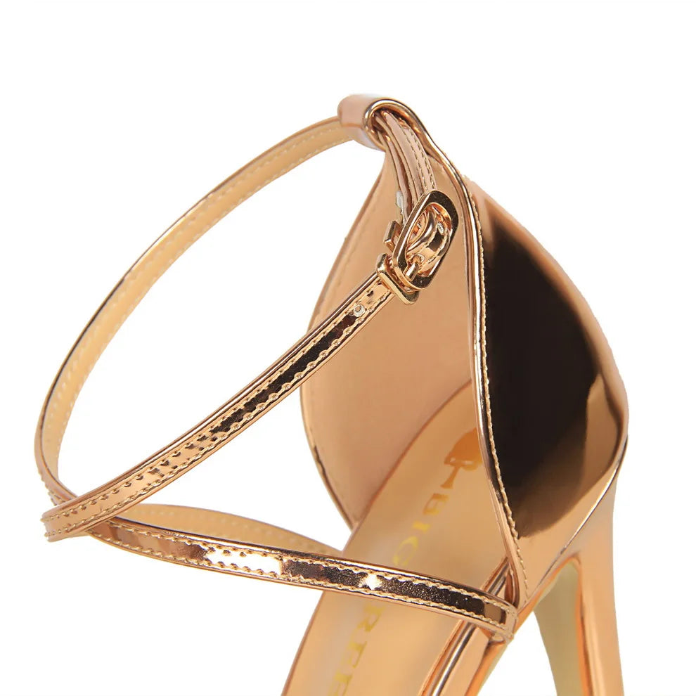Sandálias gladiadoras femininas com salto alto de 8cm e 11cm, rasteirinhas de verão, sapatos stiletto de stripper em ouro champanhe.