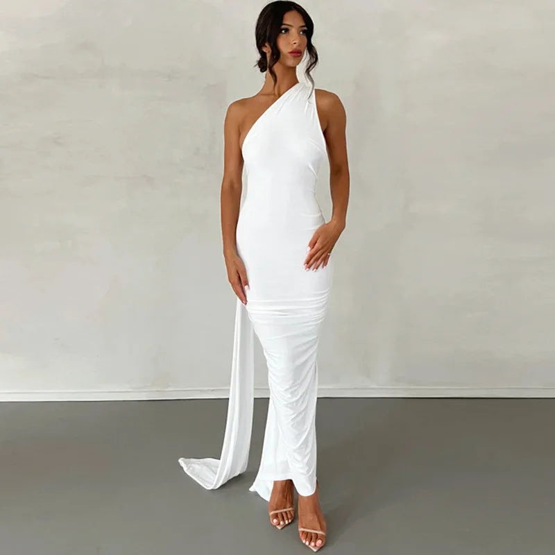 Vestido Longo de Cocktail Elegante Feminino para Festa, Costas Nuas, Abertura Costas, Com Pregas, Justo, Formal para Convidadas de Casamento