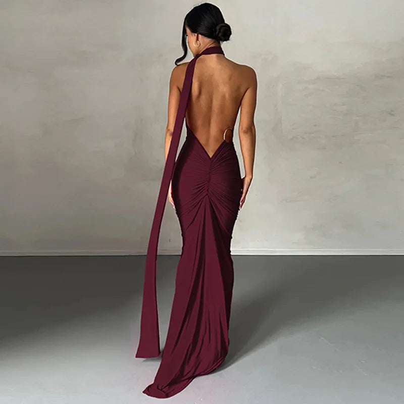 Vestido Longo de Cocktail Elegante Feminino para Festa, Costas Nuas, Abertura Costas, Com Pregas, Justo, Formal para Convidadas de Casamento