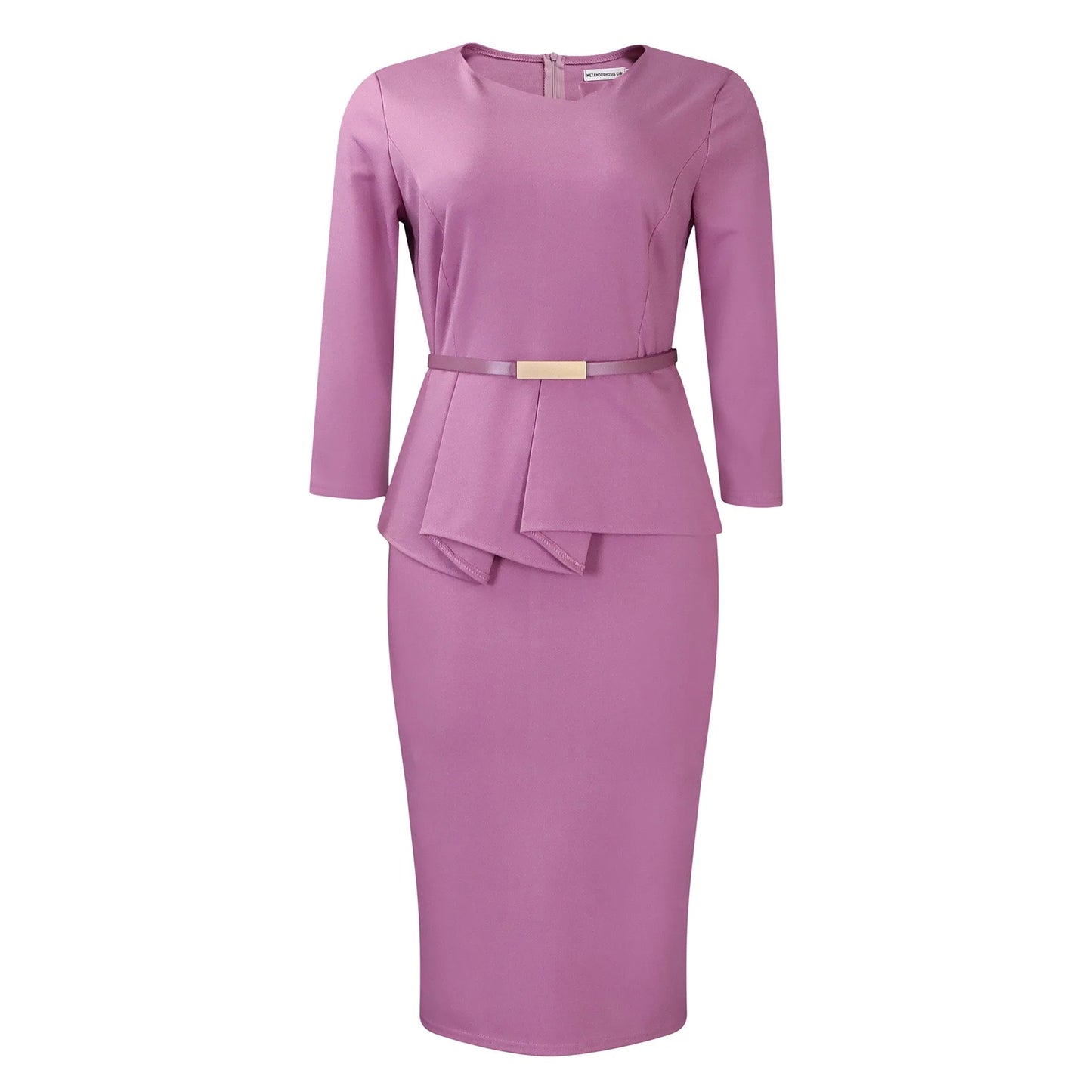 Vestido Formal para o Trabalho Feminino com Gola Assimétrica, Mangas Três Quartos, Cintura com Cinto, Silhueta Justa com Pacote de Quadris até a Panturrilha