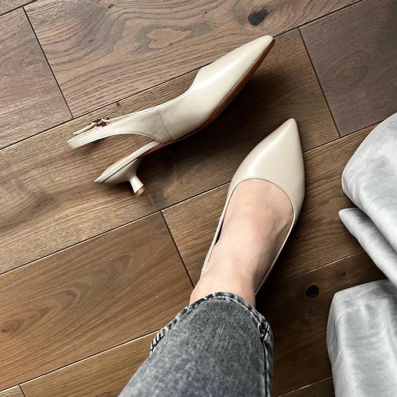 Meotina Sapatos Slingback Femininos em Couro Genuine com Fivela, Salto Fino, Bico Fino, Salto Médio para Mulheres, Calçados de Primavera