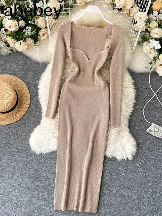 Vestidos para mulheres 2026 vestido justo sem alças em tricô canelado sexy, vestido de suéter midi de manga longa para o inverno