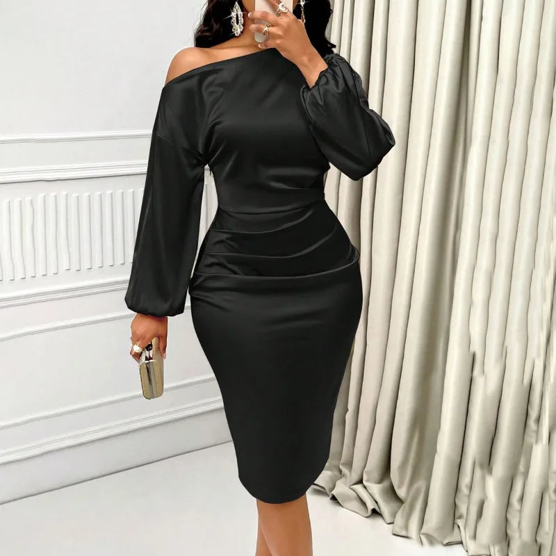 Vestido Feminino Slim Fit de Manga Longa com Decote Redondo e Manga Oca Personalizada Temperamento Novo da Europa 2025