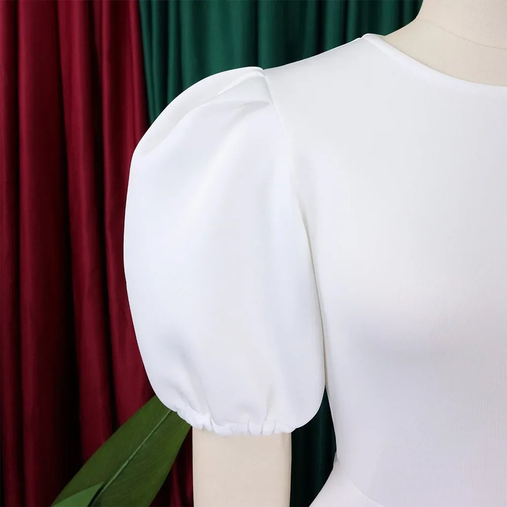Vestidos Elegantes para Mulher 2024, Decote em O, Manga Curta, Cintura Alta, Pregas, Midi Luxuoso para Festas de Aniversário e Jantares