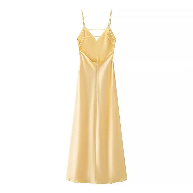 Vestido Longo Elegante Sem Mangas TRAFZA Feminino de Verão Amarelo Manchado com Decote em V para Festa e Férias 2025
