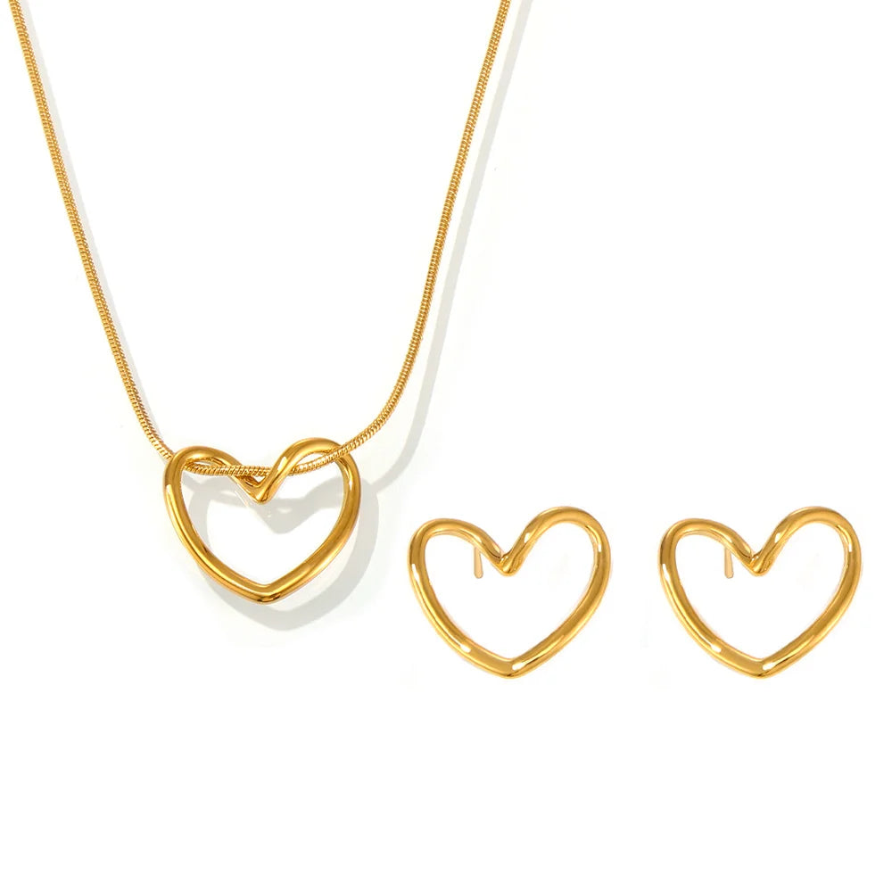 Conjunto de Joias de Luxo com Colar e Brincos de Pingente de Coração Bonito em Aço Inoxidável 316 com Revestimento de Ouro - Joias Impermeáveis para Mulheres, Presente de Joias