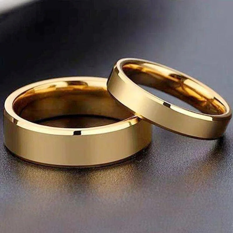 Anéis de Casal RAMOS em Aço Inoxidável Liso Dourado Simples 4MM 6MM Joias de Casamento para Mulheres e Homens Presentes de Noivado