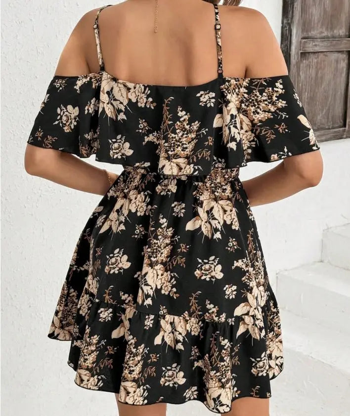 Elegante Vestido Mini com Decote Halter para Mulheres, Cintura com Laço, Saia Plissada, Mangas Curtas e Decote V em Moda Feminina.