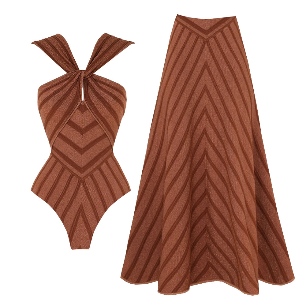 Conjunto de 2 peças de maiô listrado com saia longa, biquíni sexy feminino com push up, halter, biquíni feminino, traje de banho modelador, roupa de praia.