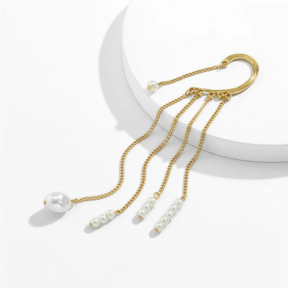 Brinco de Clip Geométrico com Pérolas Imitadas Ingemark Long Tassel Sem Perfurar Para Orelha Cuff Cartilagem Elegante Feminino Joia
