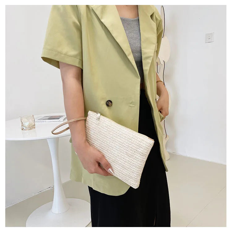 Weaving Bag Fashion Ladies Wristlet Clutch Women Daily Money Phone Clutch Solid Straw Woven Coin Purse Beach Wallet Card Holder
