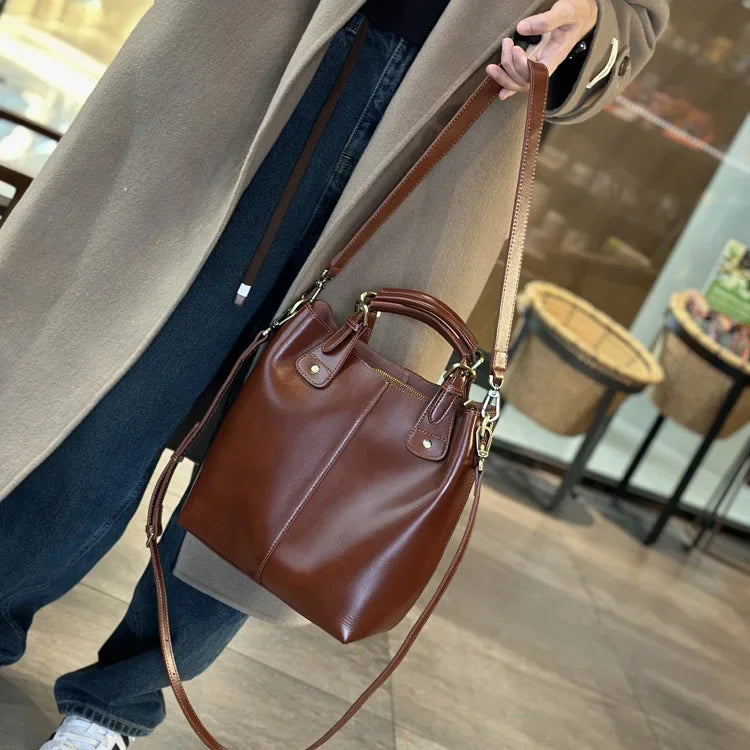 Genuine Leather Women's Tote Bag 2025 New Woman Shoulder Bags Fashion Cowhide Crossbody Bucket Bag Female Handbags 9258