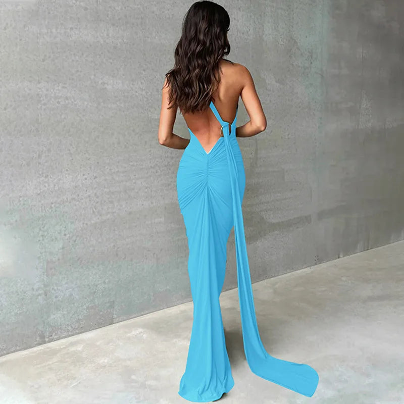 Vestido Longo de Cocktail Elegante Feminino para Festa, Costas Nuas, Abertura Costas, Com Pregas, Justo, Formal para Convidadas de Casamento