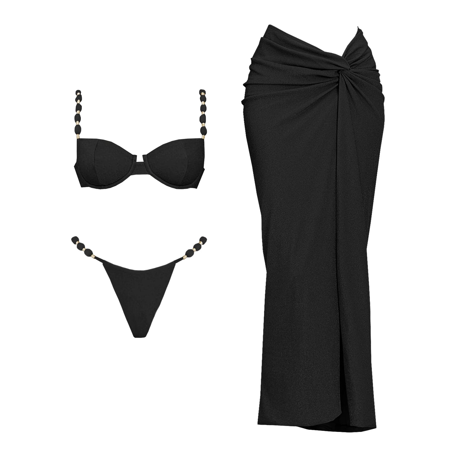 Conjunto de 3 peças de maiô push up com saia longa, sexy, moda feminina, biquíni com decote em V, macacão brilhante, roupa de banho e cobertor de praia.