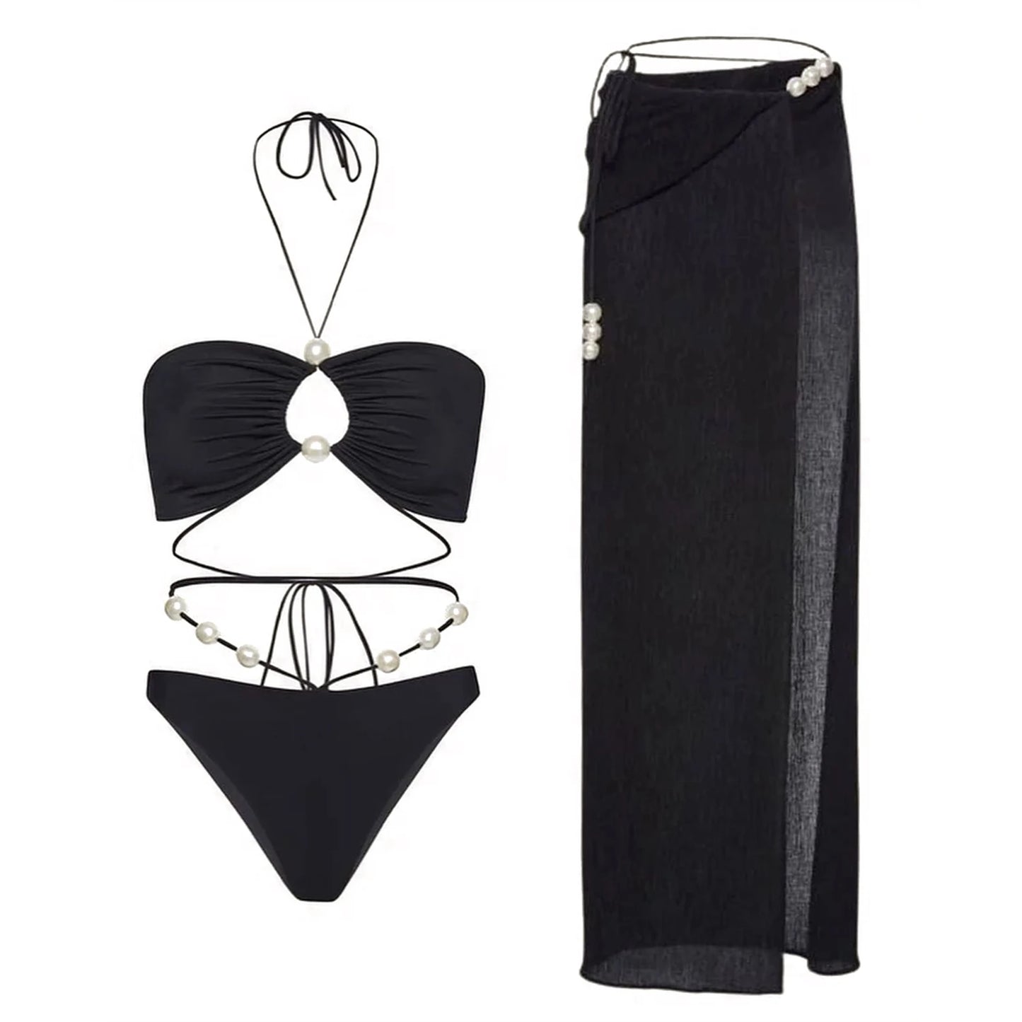 Conjunto de Biquíni Sexy com 3 Peças e Capa, Biquíni Branco com Pérolas, Maiô Feminino Halter, Roupa de Banho com Ombros Descidos, Biquíni para Praia