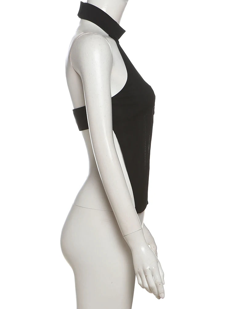 Tops de Anel em Metal em Formato de N com Decote nas Costas, Sem Mangas, Botões Halter Sexy e Charmoso para Mulheres - Roupas Midnight