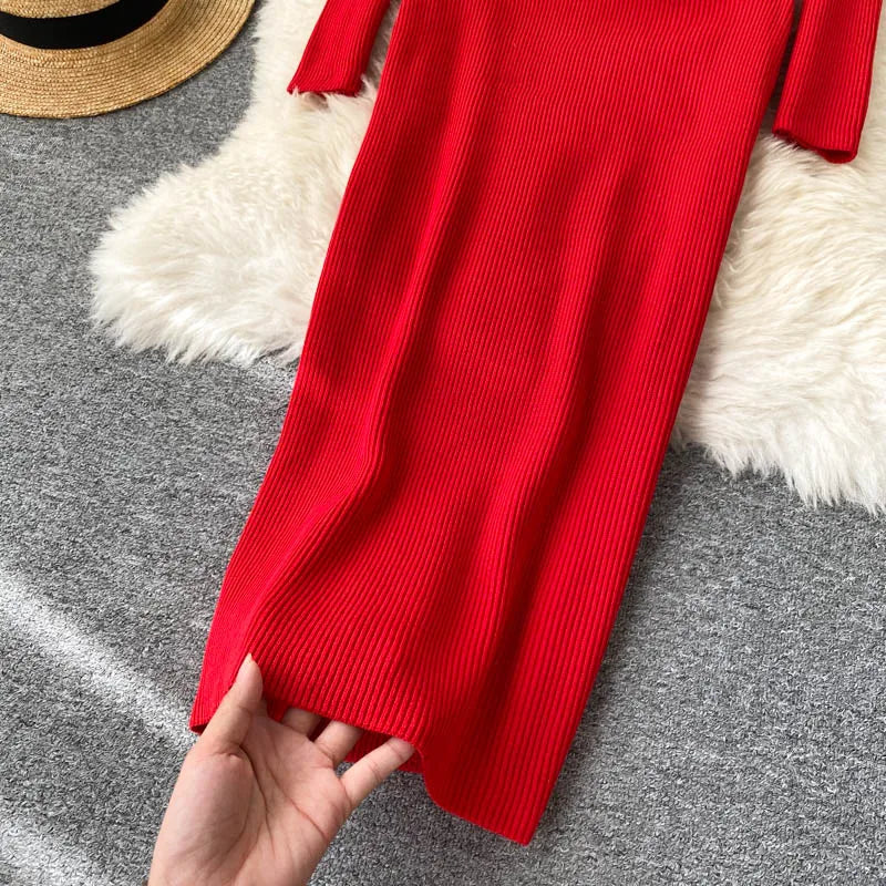 Vestidos para mulheres 2026 vestido justo sem alças em tricô canelado sexy, vestido de suéter midi de manga longa para o inverno