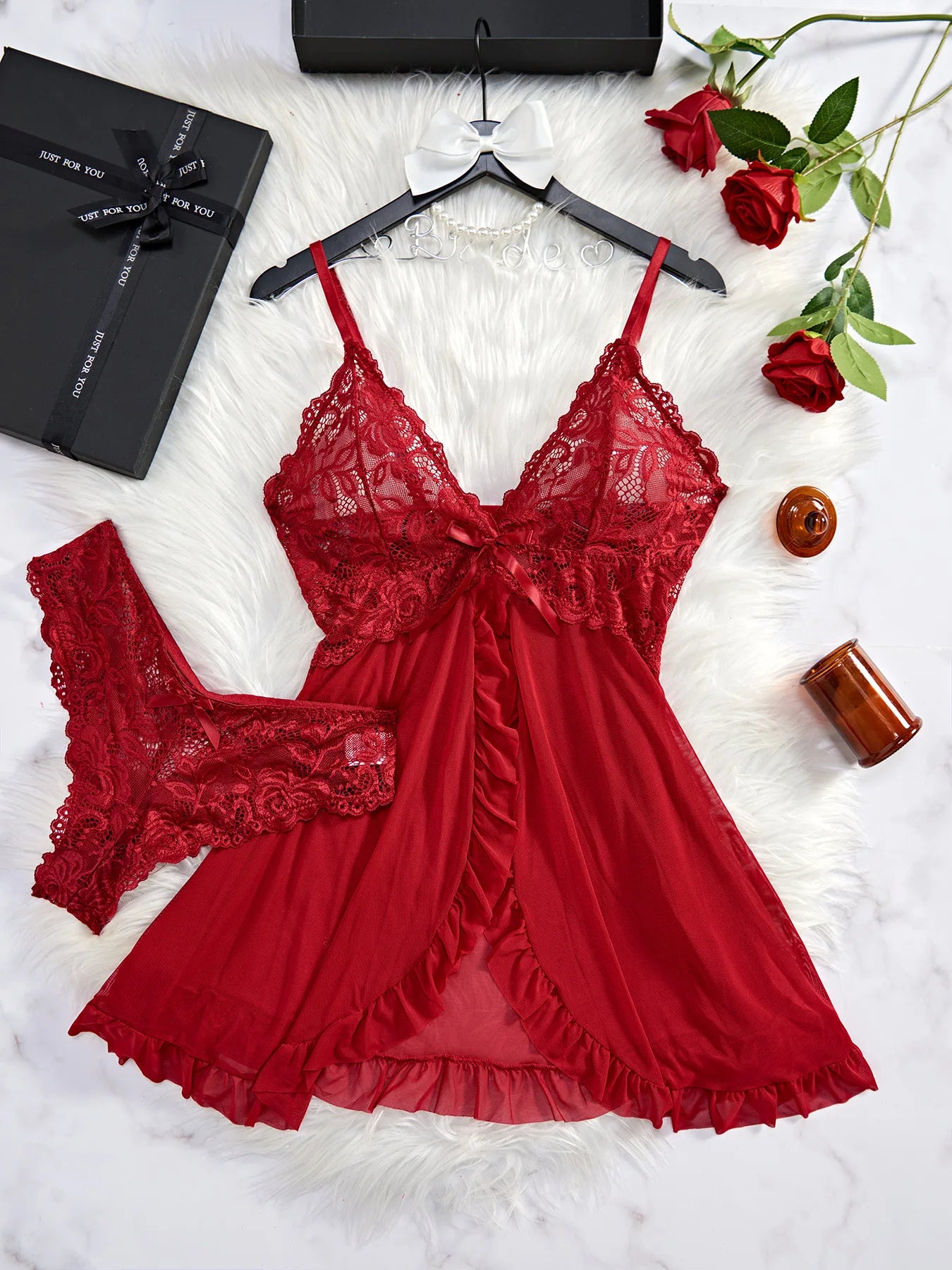 Conjunto de Lingerie Transparente Vermelha Sexy para Mulheres, Roupas de Dormir, Camisola de Renda e Calcinhas, Pijamas Femininos de Papai Noel