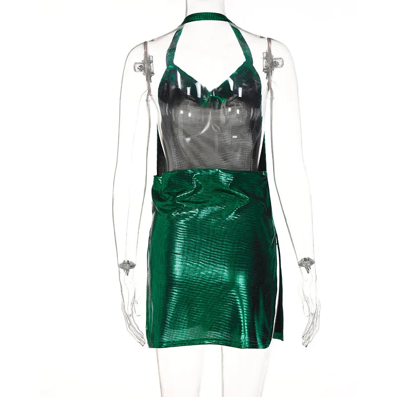 Vestido curto elegante e sexy para mulheres, com decote em V, costas nuas e detalhes de lantejoulas, perfeito para festas e dança.