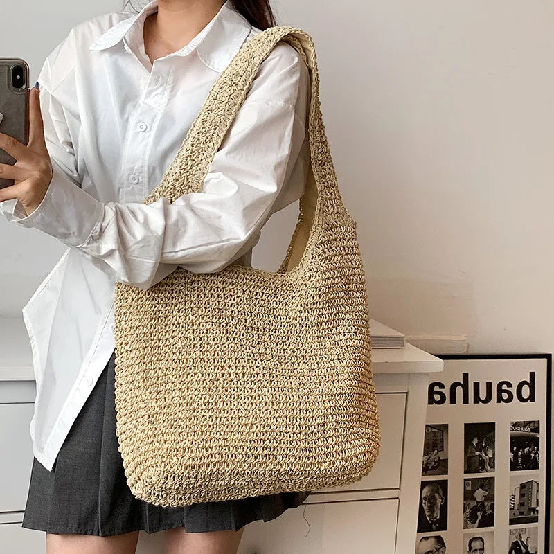 Women Beach Vintage Handmade Woven Shoulder Bag Raffia Rattan Shopping Bags Bohemian Ladies Summer Travel Vacation Casual Totes