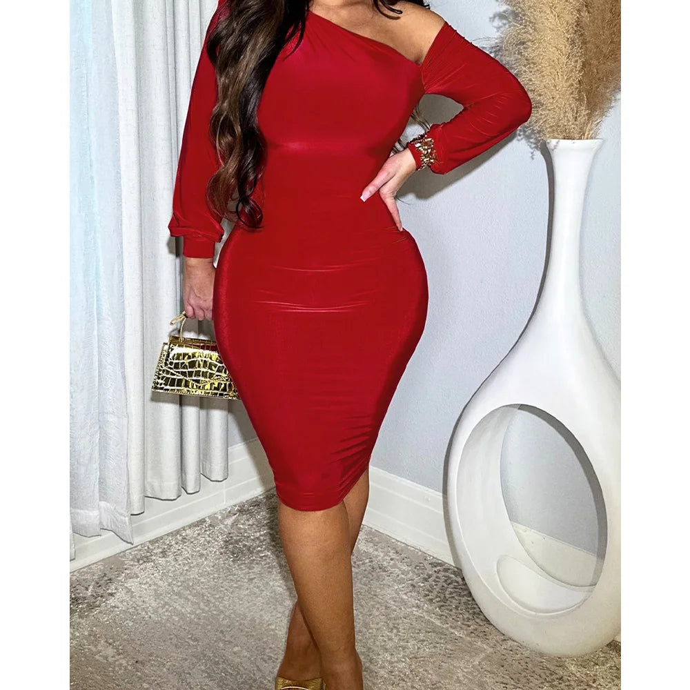 Vestido Mini Elegante para Mulheres, Vestido Bodycon de Cor Sólida com Mangas Longas e Uma Alça, Vestido Sexy para Festa em Clube, Vestido Slim Feminino