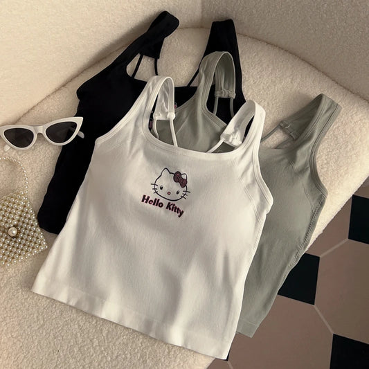 Sanrio HelloKitty Roupas de Moda Y2K Top com Almofada de Seio Top Bonito Para Meninas Verão Top Cropped Branco Sexy Suspensório Presente Para Menina