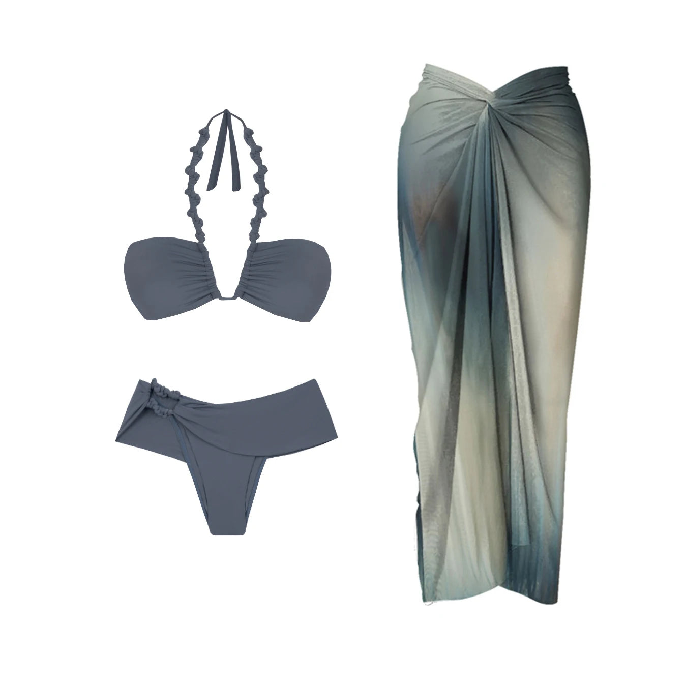 Conjunto de 2 peças de maiô listrado com saia longa, biquíni sexy feminino com push up, halter, biquíni feminino, traje de banho modelador, roupa de praia.