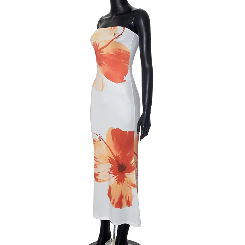 Vestido Longo Tubeless Casual da CUTENOVA para Mulheres 2024 com Estampa de Flor - Off Shoulder, Slim, Ideal para Praia e Férias