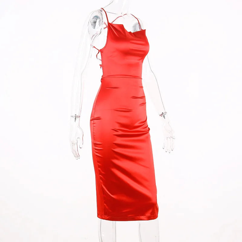 Vestido Midi Longo de Renda Cetim Neon Rosa Claro com Amarração nas Costas, Elegante, Sexy para Festas e Clubes, Roupas de Jantar de Verão 2022