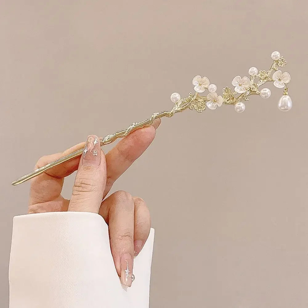 Pinhão de cabelo estilo chinês com hastes de metal, estilo antigo, com franja de orquídea, flor, tassel e acessórios para cabelo feminino.