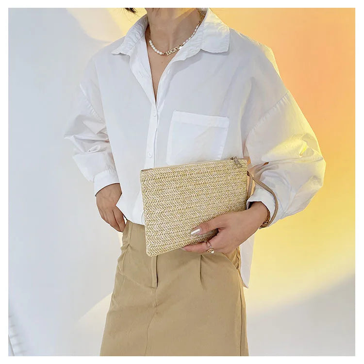 Weaving Bag Fashion Ladies Wristlet Clutch Women Daily Money Phone Clutch Solid Straw Woven Coin Purse Beach Wallet Card Holder