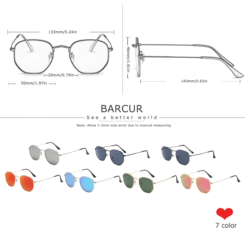 Óculos de Sol BARCUR Clássicos Retro Refletivos para Homens, Óculos de Sol Hexagonais com Armação de Metal, Óculos de Sol com Caixa.