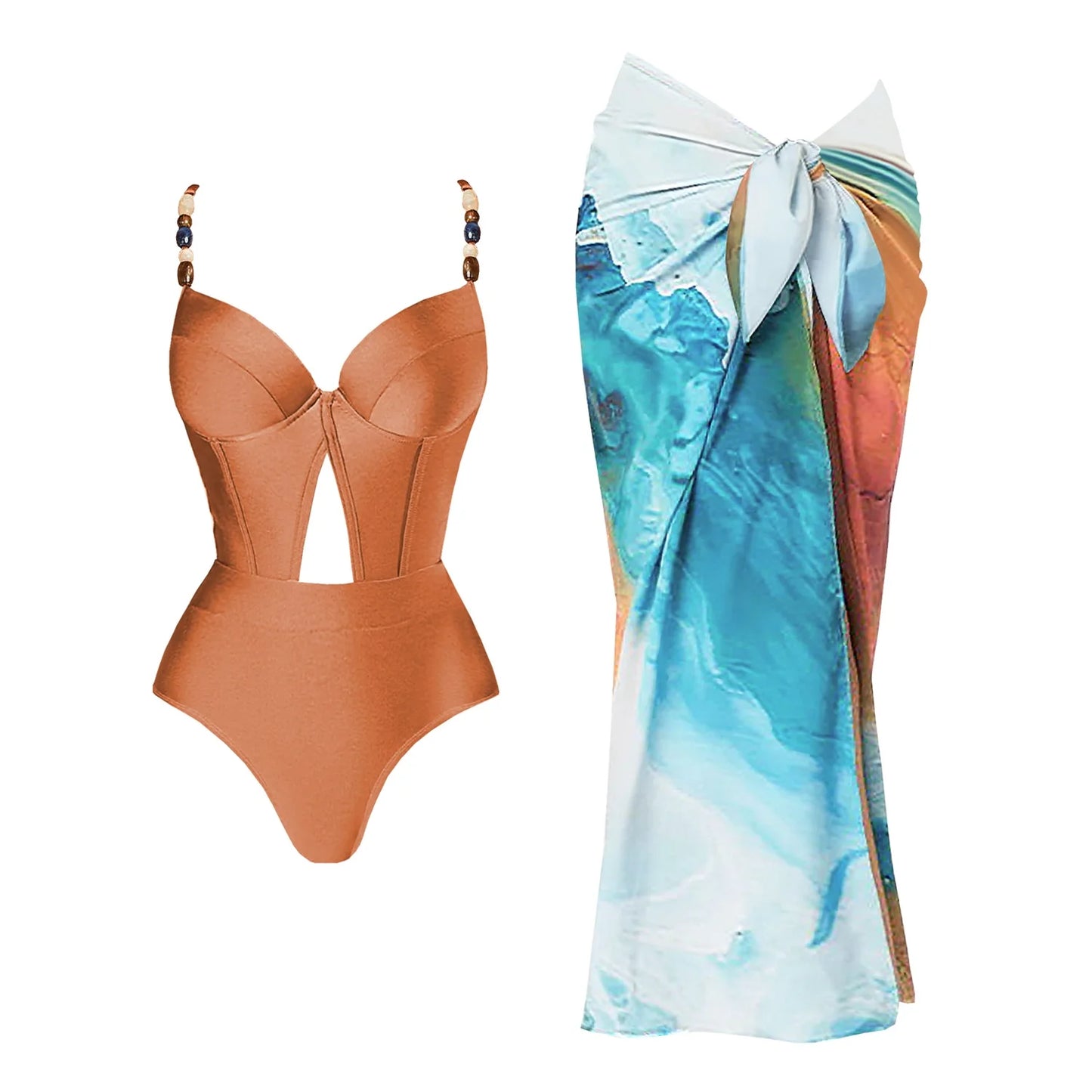Conjunto de 3 peças de maiô push up com saia longa, sexy, moda feminina, biquíni com decote em V, macacão brilhante, roupa de banho e cobertor de praia.