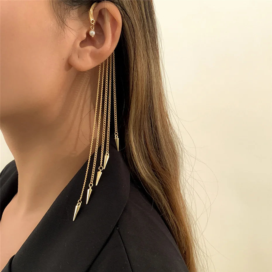 Brinco de Clip Geométrico com Pérolas Imitadas Ingemark Long Tassel Sem Perfurar Para Orelha Cuff Cartilagem Elegante Feminino Joia